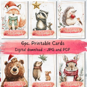 Bundel met afdrukbare kerstkaarten, 6 st | Aquarel grillige bosdieren | Feestelijke wenskaart | Direct downloaden | Kerstkaart