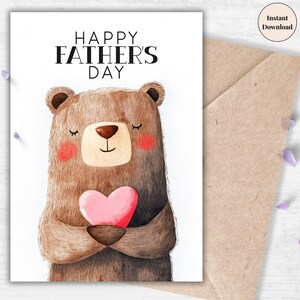 Jolie carte ours pour la fête des pères - Carte numérique imprimable avec coeur - Adorable motif animalier pour papa - Téléchargement immédiat