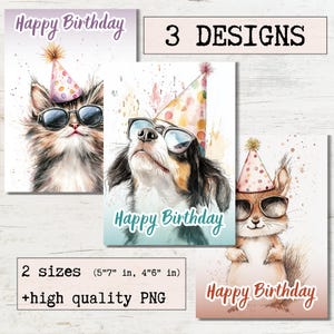 Cartão de aniversário Aquarela Animais fofos Cartões de felicitações para impressão Pacote de 3 designs | Download digital | Ecard Aniversário Design moderno e elegante