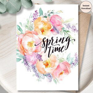 Pfirsich Blumen Frühling druckbare Karte - Eleganter botanischer Gruß, Ostergeschenk für Mama, Oma, Schwester, Freundin, sofort Download