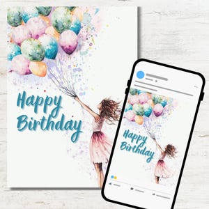 Birthday card WatercolorGirl with Balloon Printable greeting card | Happy birthday | Digital download | Ecard Birthday | Instant download