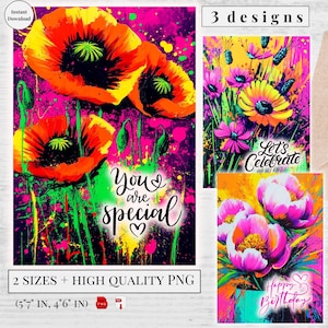Pacchetto stampabile di biglietti di auguri di compleanno floreali al neon - 3 audaci disegni di fiori al neon + PDF e PNG - Download immediato di biglietti di auguri floreali di compleanno "Sei speciale"