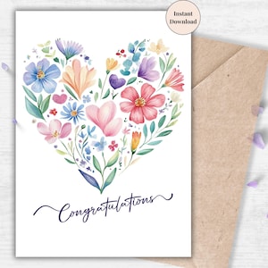 Heart-Shaped Floral Congratulations Card – Printable E-Card for Engagement, Baby, Graduation, Career, New Job or Life Milestones | For Her