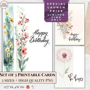 Minimalistische verjaardagskaartenset - elegante botanische wenskaarten - afdrukbare aquarelbloemen - direct downloaden voor speciale wensen voor haar