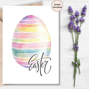 Striped Pastel Easter Egg Card – Printable Watercolor Modern Art Design, Minimal Happy Easter Greeting for Adults, Teens & Home Decor