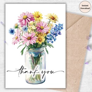 Mason Jar Wildflower Thank You Card – Printable Rustic Floral Greeting for Friends, Family, Hosts or Everyday Kindness | Thoughtful Gift
