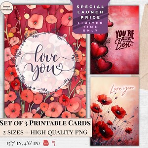 Paquete de 3 diseños de tarjetas de felicitación con texto "Love You" para imprimir en acuarela / Corazones de San Valentín / Descarga digital / Tarjeta electrónica Diseño moderno y elegante