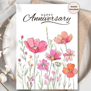 Anniversaire à imprimer avec fleurs des champs : carte de voeux numérique pour elle, oeuvre d'art inspirée de la nature, mot d'amour à imprimer | Art minimaliste simple