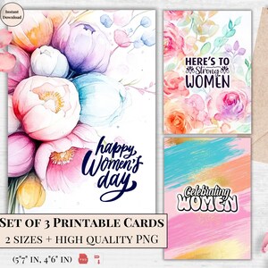 Women’s Day printable cards – pastel peony floral set, empowering women, self-care gift, digital greeting, colorful artistic designs Ecard