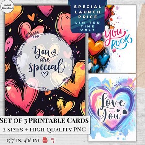 Cartes de voeux d'anniversaire imprimables Street-art | Lot de 3 motifs | Souhait de coeurs lumineux | Téléchargement numérique | Design moderne audacieux