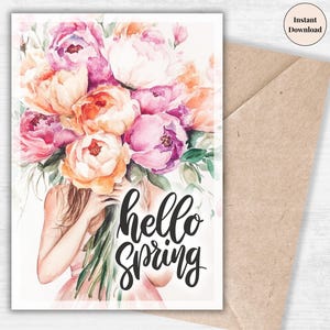 Hallo Frühling Frühlingskarte - Blumengruß für Sie, Ostergruß, digitales Geschenk für Mutter, Schwester, Freundin, Blumenliebhaber | Aquarell Blumen