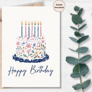 Floral Cake Birthday Card Printable – Whimsical Digital Greeting, Modern Folk Art Style, Instant Download Birthday for All Ages | Her or Him