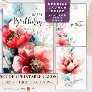 Cartão de Feliz Aniversário - Ilustração Floral Imprimível com Flores Silvestres Vermelhas, Presente para Download Instantâneo para Ela e Amantes da Natureza | Arte com Flores Vermelhas