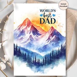 Meilleure carte papa montagne au monde : paysage au lever du soleil imprimable, carte numérique pittoresque pour la fête des pères, cadeau pour les papas amoureux de la nature | Meilleur père