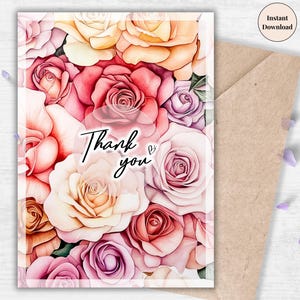 Elegant Rose Garden Thank You Card – Printable Pink Roses Greeting for Weddings, Family, Teachers or Everyday Gratitude | Share Love for Her