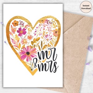 Luxus Mr & Mrs Hochzeit druckbare, floral Goldherz digitale Karte, moderne frisch verheiratet Andenken, romantisches Jubiläumsgeschenk, sofort Download