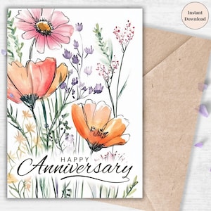 Rustic Poppy Anniversary Card - Happy Anniversary Printable with Wildflowers, Hand-painted Digital Floral Card, Rustic Romance for Her Wife