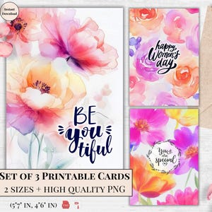 Cartes imprimables florales aquarelles - Joyeuse fête de la femme, kit de voeux numérique, cadeau féminin, impression d'art pour elle | meilleure maman épouse soeur ami
