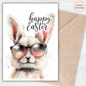 Funny Cool Bunny Easter Printable - Rabbit with Glasses, Cute & Quirky Easter Card, Digital Holiday Greeting, Instant Download, Hello Spring