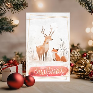 Aquarell Weihnachtskarte | Gemütlicher Waldtier-Feiertagsgruß | Aquarell druckbare Postkarte | Festliche Weihnachten Ecard | Fuchsige Weihnacht
