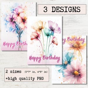 Cartão de aniversário Aquarela Cartões de felicitações para impressão Pacote de 3 designs | Download digital | Ecard Aniversário Design moderno e elegante