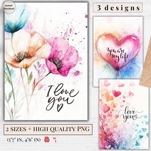 Love You-kaart – afdrukbare kaart, digitale download, instant, pdf, bloemdessin, voor haar, verjaardagscadeau aquarel bloemen afdrukbare groet