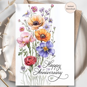 Tarjeta de aniversario imprimible con flores silvestres: romántica tarjeta con flores de acuarela para parejas, recuerdos de boda o celebraciones románticas.