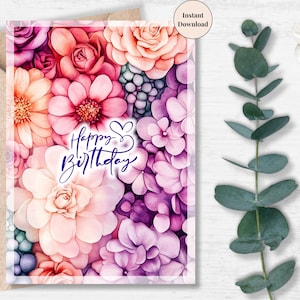 Watercolor Floral Birthday Card Printable – Instant Download Digital Card for Her, Wife | Unique Birthday Gift for Friend | Digital Products