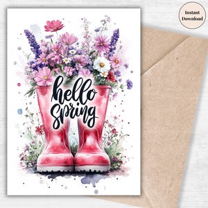 Hallo Frühlingsblumen Karte | Regen Stiefel Printable | Digitales Aquarell Grußbild | Ostern Blumenkunst | Sofortdownload | Gartenliebhaber Geschenk