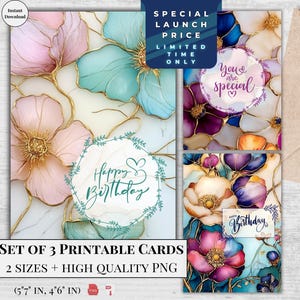 Cartão de aniversário Flor Cartões de felicitações para impressão | Conjunto de 3 designs | Download digital | Ecard Aniversário Elegante Moderno | Flores de mosaico de vidro