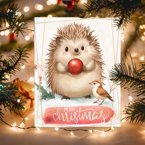 Igel Aquarell Weihnachtskarte | Entzückende Tier Feiertagsgruß | Wald Aquarell Druckbare PDF PNG | Feiertags-Gruß-Ecard