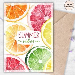 Summer Vibes Citrus Slice Printable Card – Colorful Fruit Digital Greeting, Vibrant Lemon Orange Lime Watercolor Art | Neon Bright Download