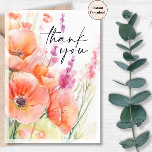 Watercolor Poppy Thank You Card – Printable Wildflower Note for Teacher, Friend or Nurse, Appreciation for Volunteers, or Thoughtful Gifting