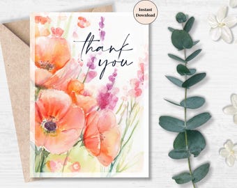 Watercolor Poppy Thank You Card: Printable Wildflower Note (PDF & PNG)