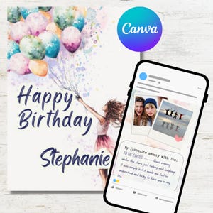 Gepersonaliseerde aquarel verjaardagskaartsjabloon voor Canva | Bewerkbare kaart met persoonlijke notities en foto's | Aquarel meisje met ballonnen