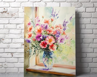 Flower Bouquet by the Window Printable Wall Art - Watercolor Botanical Arrangement, Cozy Floral Decor, Cottagecore Digital Print 58