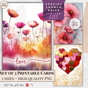 Paquete de 3 diseños de tarjetas de felicitación de San Valentín para imprimir en acuarela / Tarjeta electrónica Red Love Watercolor / Descarga digital / Diseño moderno y elegante