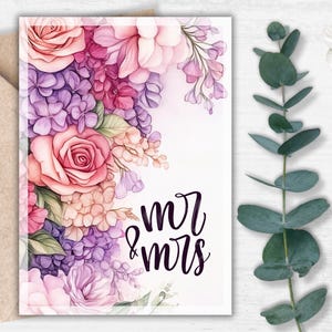 Mr & Mrs Floral Wedding Card - Hydrangea Peony Digital Greeting, Romantic Wedding Printable, Newlywed Gift, Instant Download Bride and Groom
