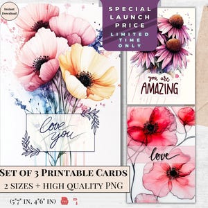 Tarjetas de felicitación con acuarela: juego de 3 imprimibles de amor / Impresionantes flores silvestres / Descarga digital instantánea / Tarjeta electrónica con ramo de flores