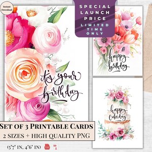 Conjunto de cartões de aniversário para impressão – É seu aniversário – Saudação floral elegante – Download instantâneo digital Presente atencioso para sua esposa e namorada