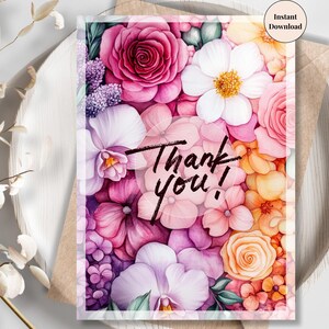 de remerciement floral rose audacieux - Fleurs éclatantes à imprimer pour des anniversaires, des événements, des amis, des enseignants ou des notes de remerciement | Carte pour tante