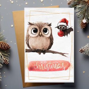 Weihnachtskarte Aquarell Eule Fledermaus | Festliche Tier Grußkarte | Niedliche Waldtiere Urlaub PDF PNG | Feiertags-Gruß-Ecard