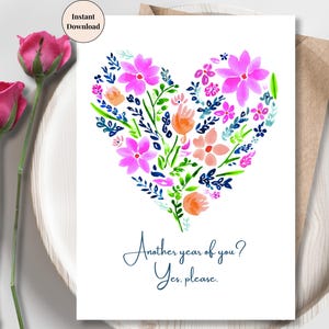 Romantic Birthday Card Printable Set – Floral Heart Watercolor Cards, “Another Year of You” Love Message, Digital Download for Her or Him