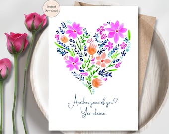 Watercolor Floral Heart Birthday Card: Romantic Printable Set (Digital Download, 5x7 & 4x6in