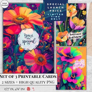 Tarjetas de felicitación de cumpleaños imprimibles con diseño atrevido de neón / Juego de 3 diseños / Deseos de flores brillantes / Descarga digital / Tu Tulip Diseño moderno y elegante