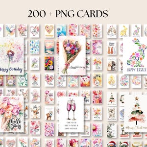 May include: A collection of over 200 PNG cards with various watercolor designs. The cards feature floral arrangements, holiday themes, and celebratory messages like "Happy Birthday" and "Happy Easter". The color palette includes pastels and vibrant hues.