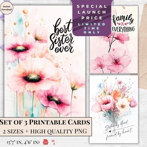 Set di biglietti stampabili Best Sister Ever - Saluto con fiori di campo ad acquerello - La famiglia è tutto, regalo digitale / Design artistico floreale per la sorella