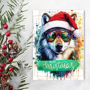 Tarjeta navideña imprimible / Animal lindo / Tarjetas navideñas / PNG navideño / Tarjeta electrónica festiva / Descarga instantánea / Postal de lobo / Tarjetas divertidas / Navidad