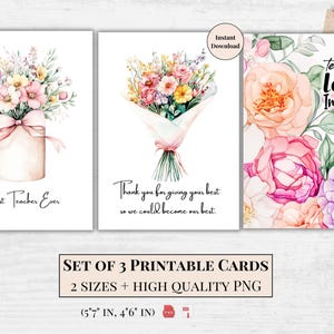 Printable Teacher Appreciation Cards Bundle – Watercolor Flowers & Inspiring Quotes – PNG + Foldable Cards + Envelope PDF – Instant Download
