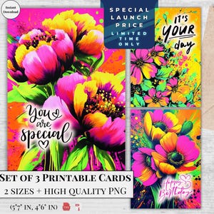 Tarjetas de felicitación de cumpleaños imprimibles con neón / Juego de 3 diseños / Deseos de cumpleaños llamativos y brillantes / Descarga digital / Diseño moderno y elegante con flores